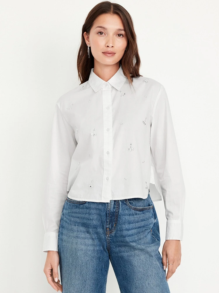 Embellished Cropped Button-Down Shirt