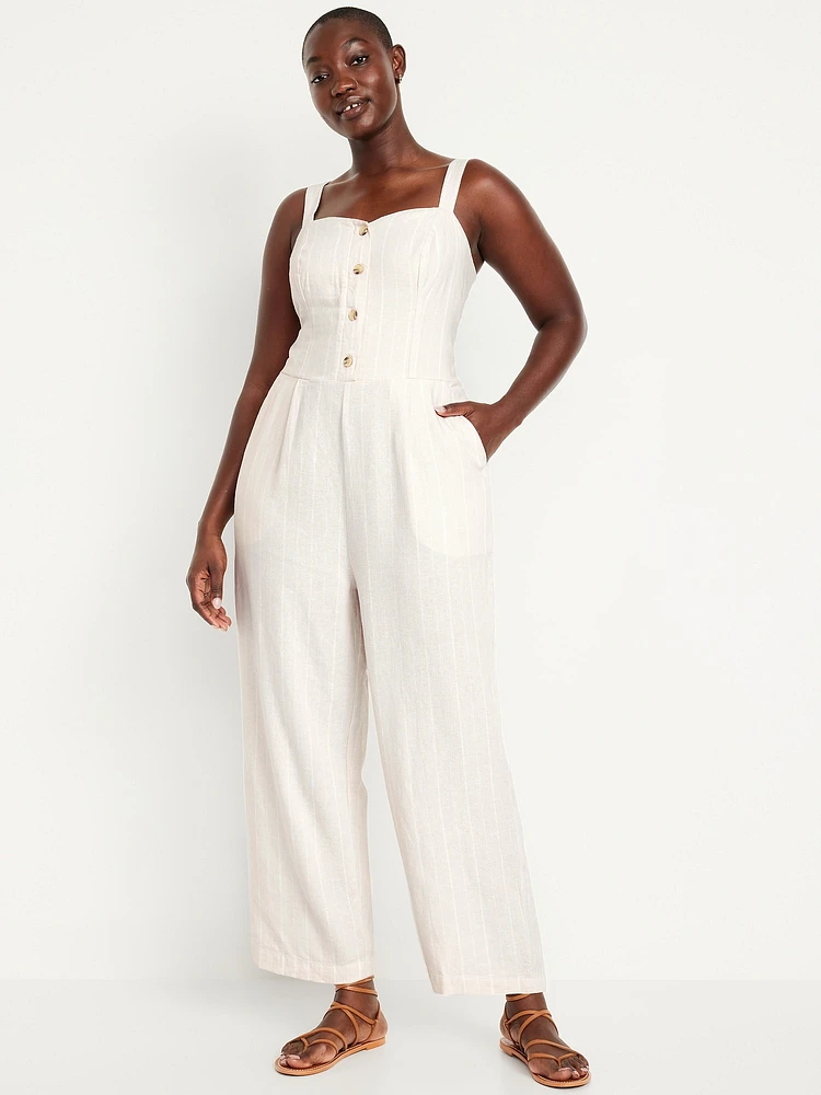 Button-Front Linen-Blend Cami Jumpsuit