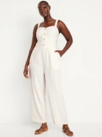 Button-Front Linen-Blend Cami Jumpsuit