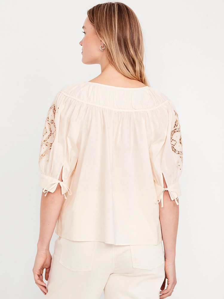 Split-Neck Eyelet-Sleeve Top