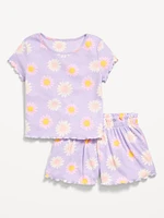 Ribbed Lettuce-Edge Pajama Top and Shorts Set for Girls