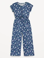 Short-Sleeve Button-Front Tie-Knot Jumpsuit for Girls