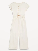 Short-Sleeve Button-Front Tie-Knot Jumpsuit for Girls