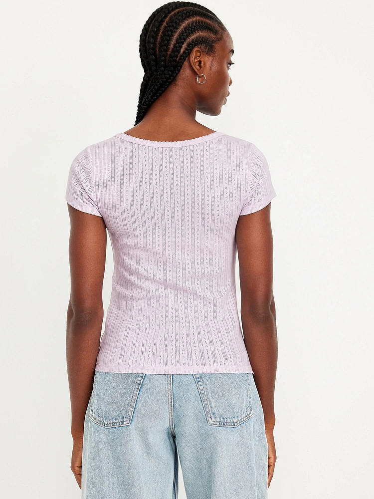 Lace-Trim Ribbed Pointelle T-Shirt