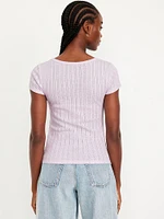 Lace-Trim Ribbed Pointelle T-Shirt