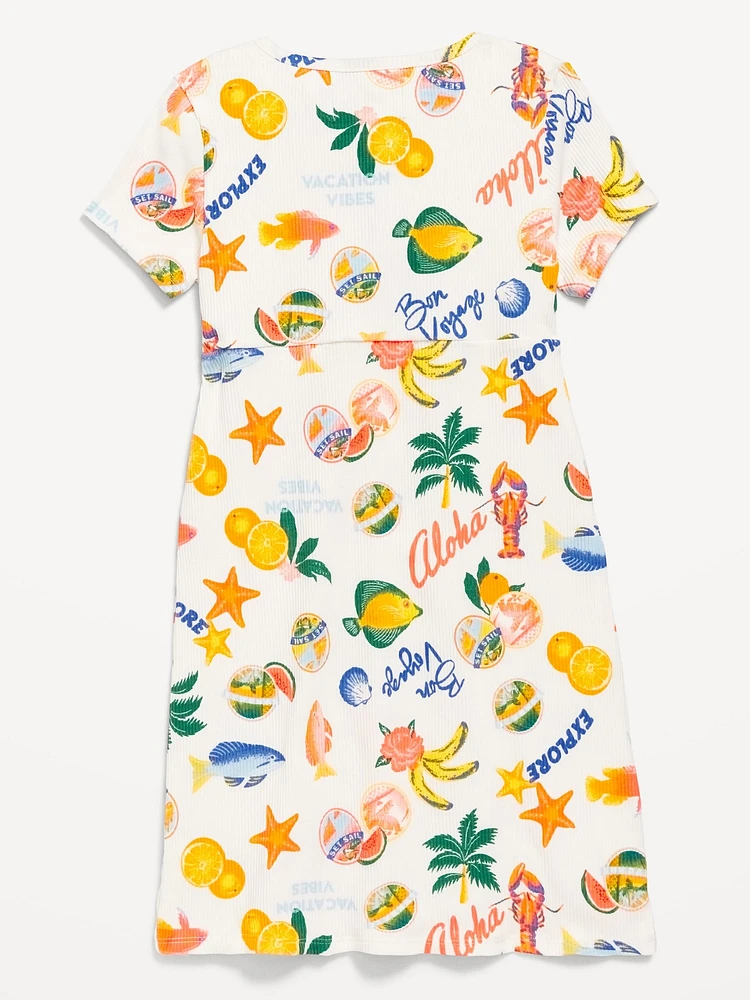 Printed Short-Sleeve Ribbed Henley Dress for Girls