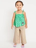 Printed Sleeveless Embroidered Top and Wide-Leg Pants Set for Toddler Girls