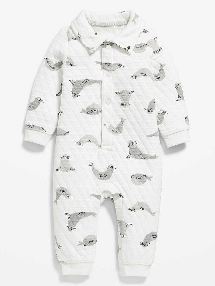 Collared Jacquard-Knit Snap-Button One-Piece for Baby