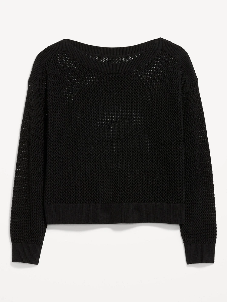 Boat-Neck Open-Stitch Sweater