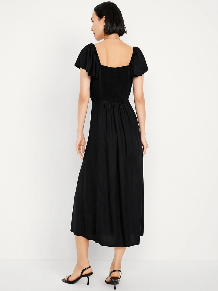 Flutter-Sleeve Crepe Midi Dress