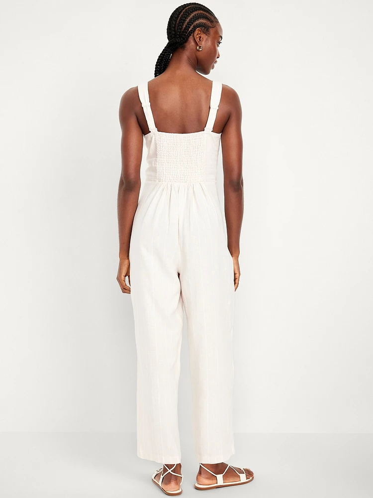 Button-Front Linen-Blend Cami Jumpsuit