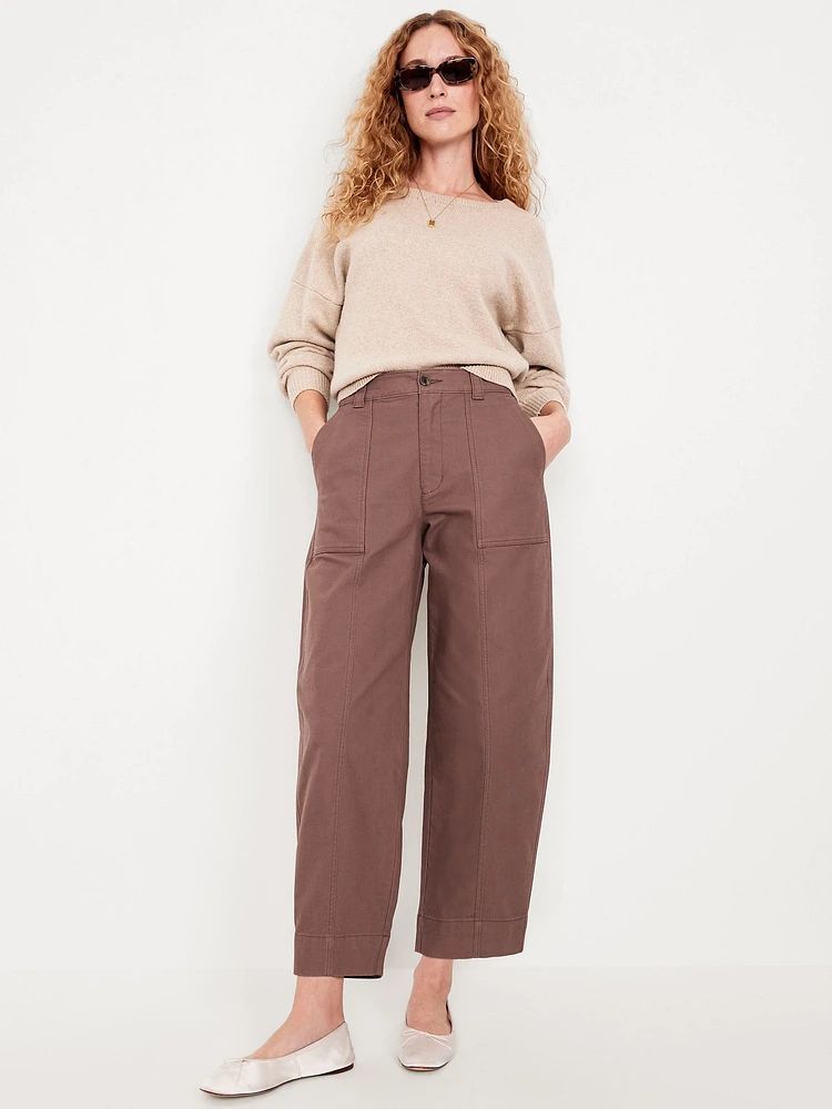 High-Waisted Canvas Barrel Ankle Pants