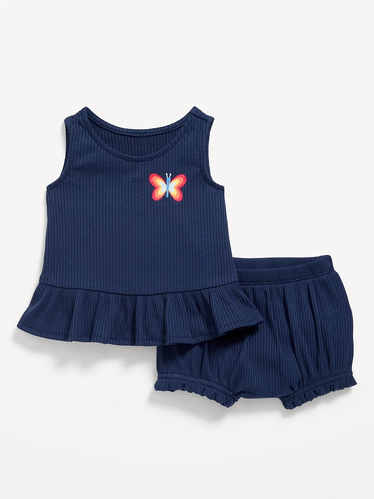 Sleeveless Ribbed Ruffle-Trim Top and Shorts Set for Baby