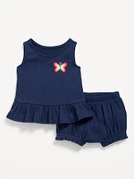 Sleeveless Ribbed Ruffle-Trim Top and Shorts Set for Baby