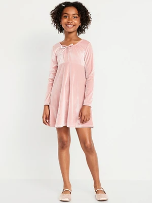 Long-Sleeve Tie-Neck Velvet Swing Dress for Girls