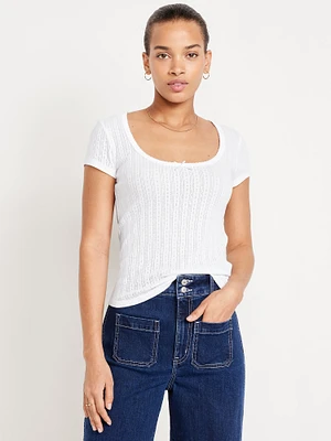 Lace-Trim Ribbed Pointelle T-Shirt