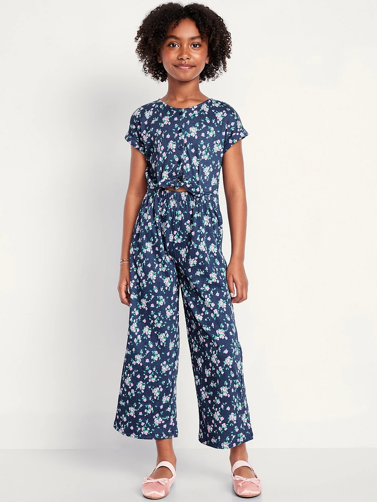 Short-Sleeve Button-Front Tie-Knot Jumpsuit for Girls