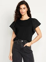 Cutwork-Sleeve Mixed Fabric Top