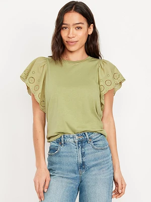 Cutwork-Sleeve Mixed Fabric Top