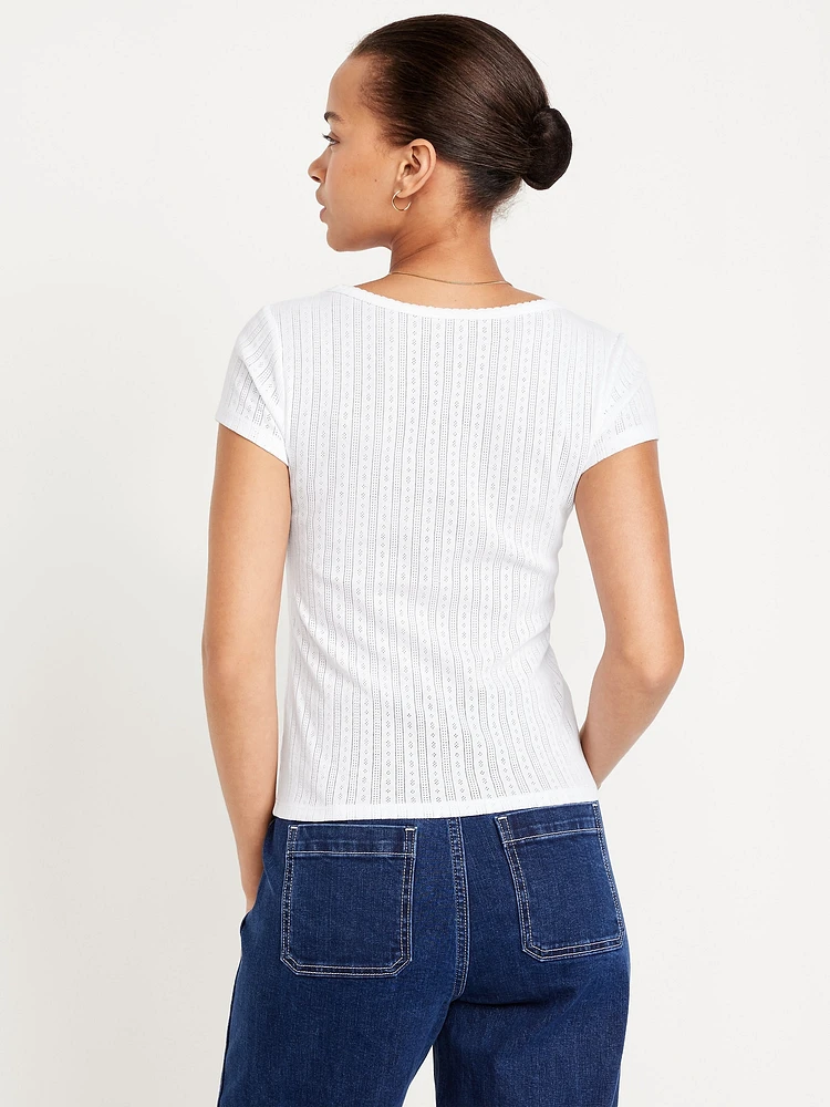 Lace-Trim Ribbed Pointelle T-Shirt