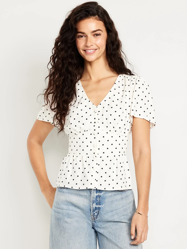 V-Neck Button-Down Crepe Top