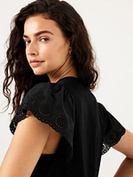 Cutwork-Sleeve Mixed Fabric Top