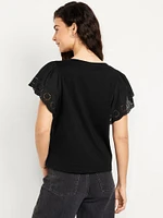 Cutwork-Sleeve Mixed Fabric Top