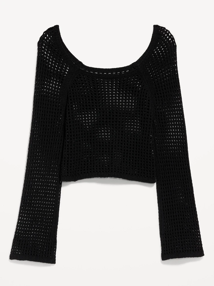 Open-Stitch Cropped Bouclé Sweater