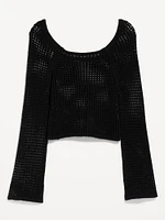 Open-Stitch Cropped Bouclé Sweater