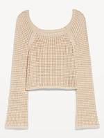 Open-Stitch Cropped Bouclé Sweater