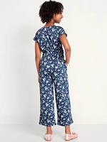 Short-Sleeve Button-Front Tie-Knot Jumpsuit for Girls