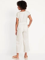Short-Sleeve Button-Front Tie-Knot Jumpsuit for Girls