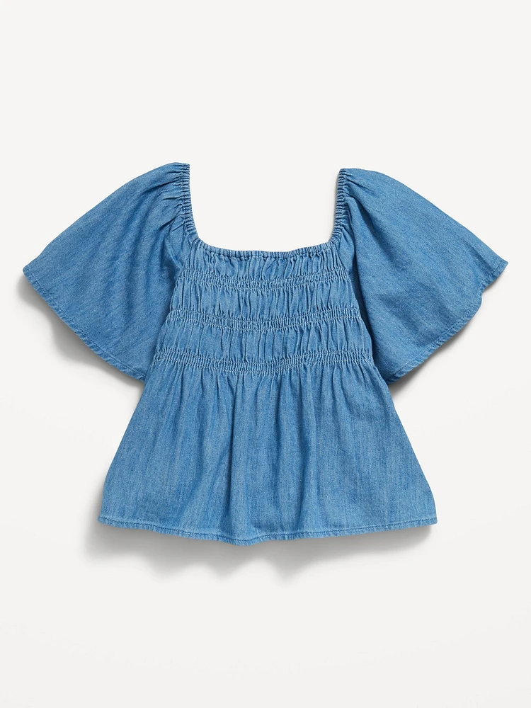 Flutter-Sleeve Chambray Smocked Top for Girls