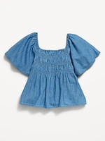 Flutter-Sleeve Chambray Smocked Top for Girls