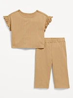 Ribbed Ruffle-Trim Top and Wide-Leg Pants Set for Toddler Girls