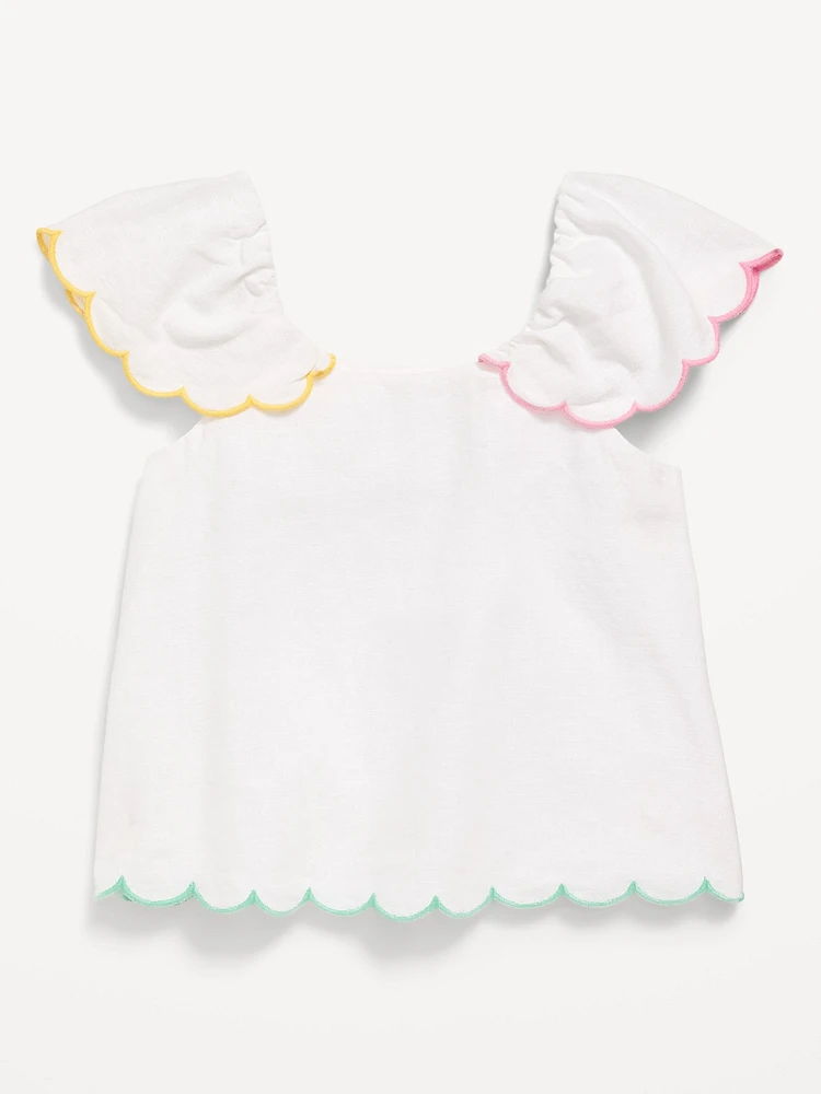 Short-Sleeve Linen-Blend Scallop-Trim Top for Toddler Girls