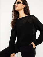 Boat-Neck Open-Stitch Sweater