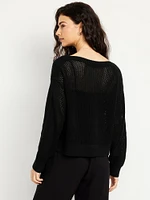 Boat-Neck Open-Stitch Sweater