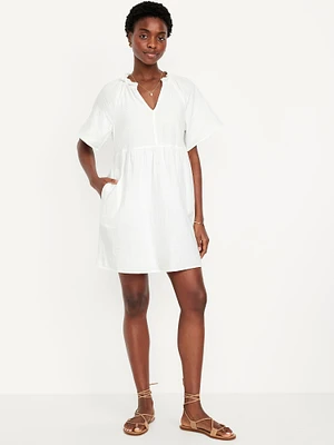 Split-Neck Crinkle Gauze Mini Swing Dress