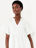 Split-Neck Crinkle Gauze Mini Swing Dress