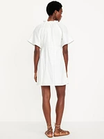 Split-Neck Crinkle Gauze Mini Swing Dress