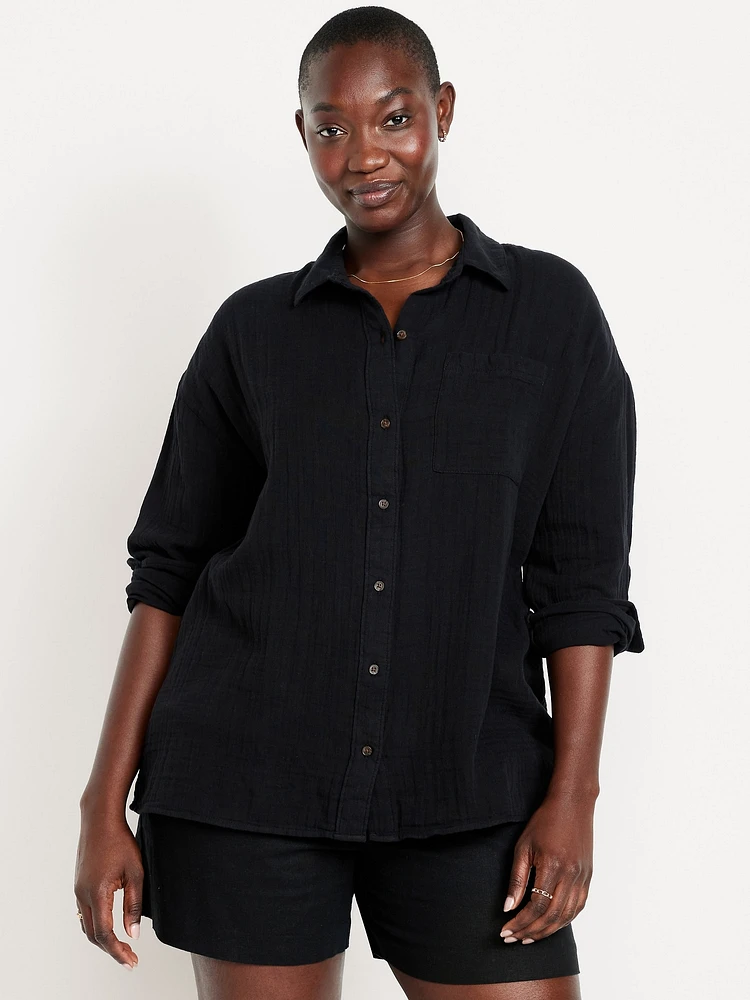 Crinkle Gauze Loose Button-Down Shirt