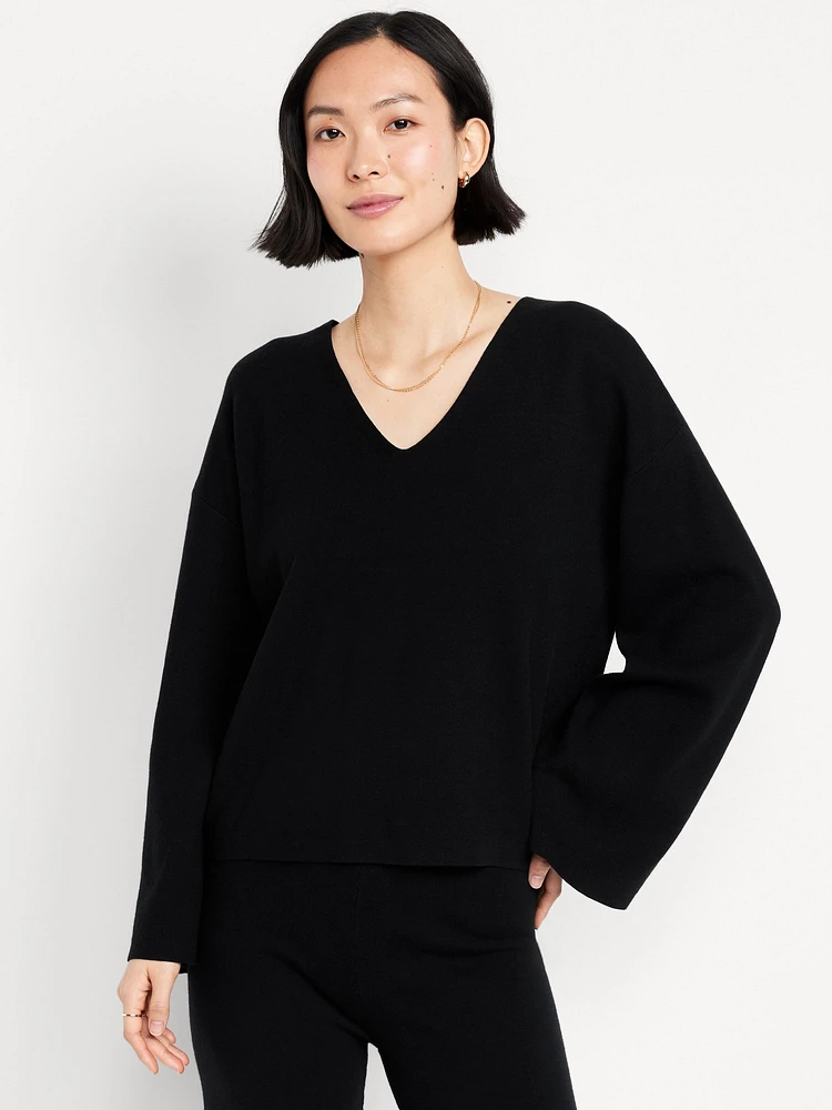 Bell-Sleeve V-Neck Sweater