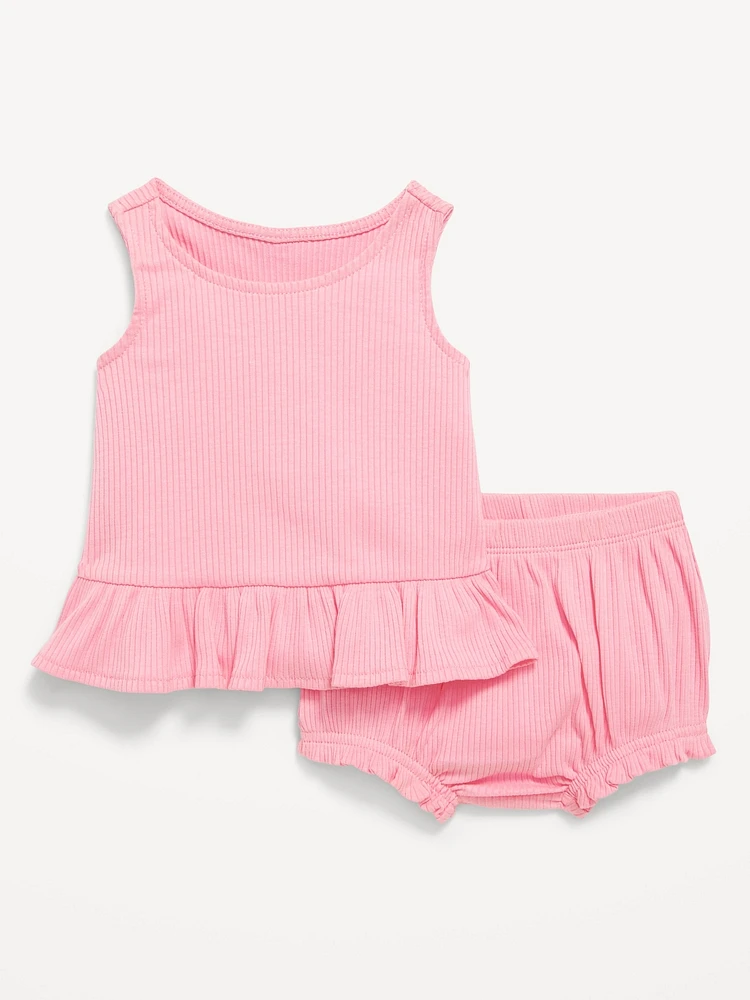 Sleeveless Ribbed Ruffle-Trim Top and Shorts Set for Baby