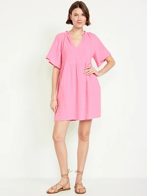 Split-Neck Crinkle Gauze Mini Swing Dress