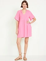 Split-Neck Crinkle Gauze Mini Swing Dress