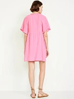 Split-Neck Crinkle Gauze Mini Swing Dress