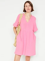 Split-Neck Crinkle Gauze Mini Swing Dress