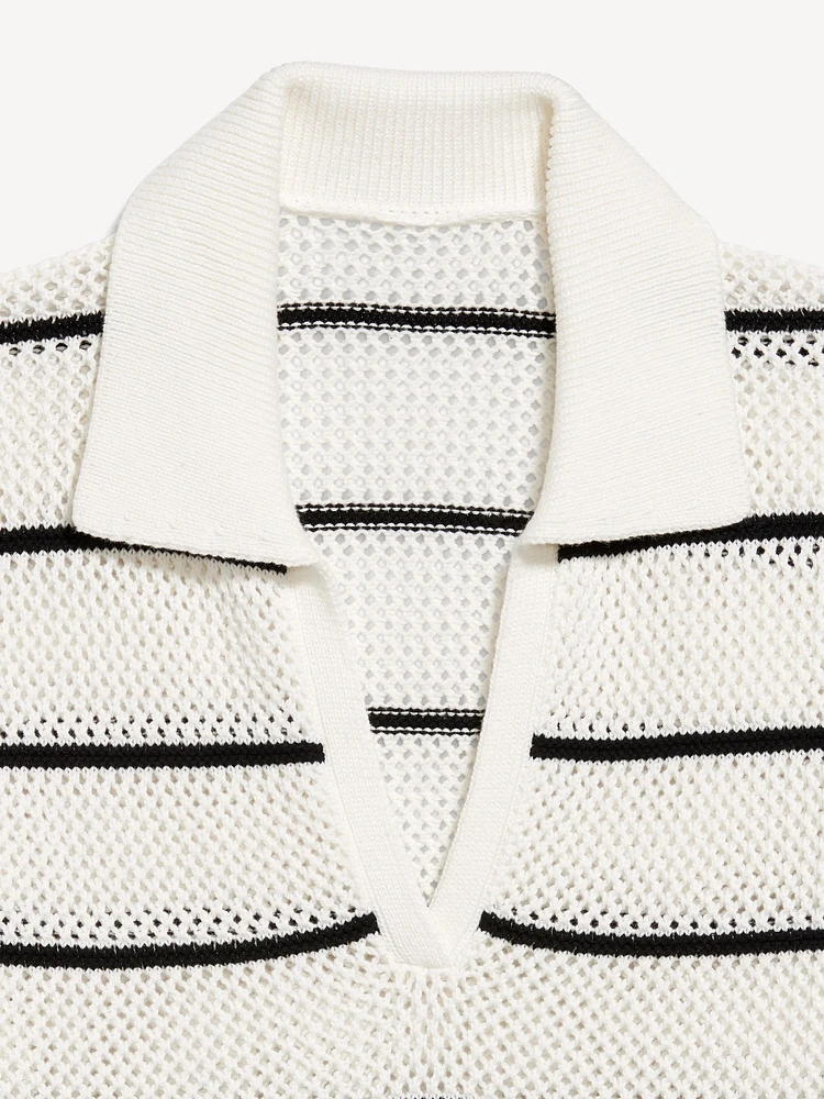 Open-Stitch Polo Sweater