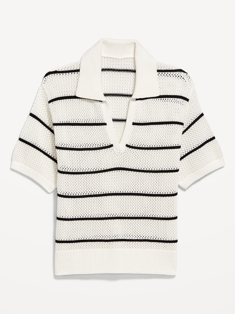 Open-Stitch Polo Sweater